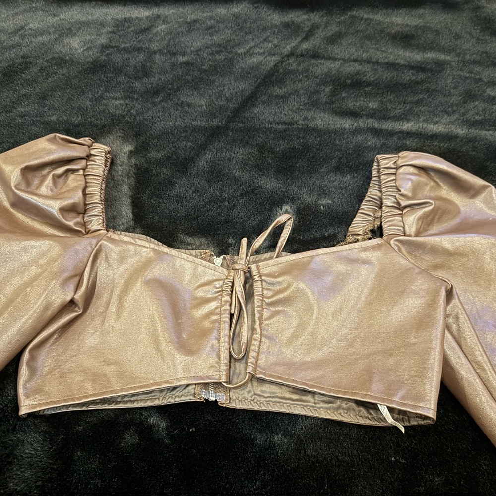 Brown Boohoo puff sleeve faux leather crop top